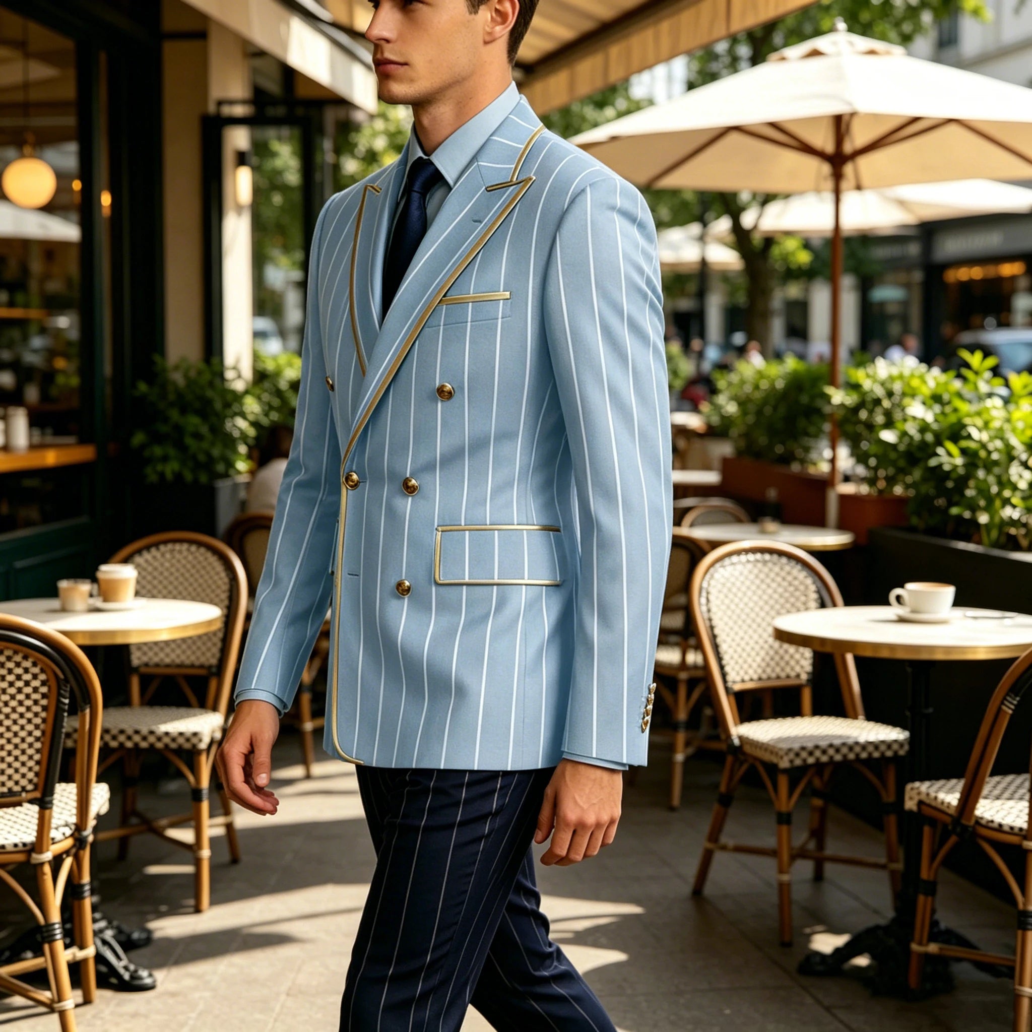 Men's Pinstripe Blazer Double Breasted Gold Trim Slim Fit Suit Jacket Peak Lapel Business Formal Tuxedo Coat for Wedding Prom