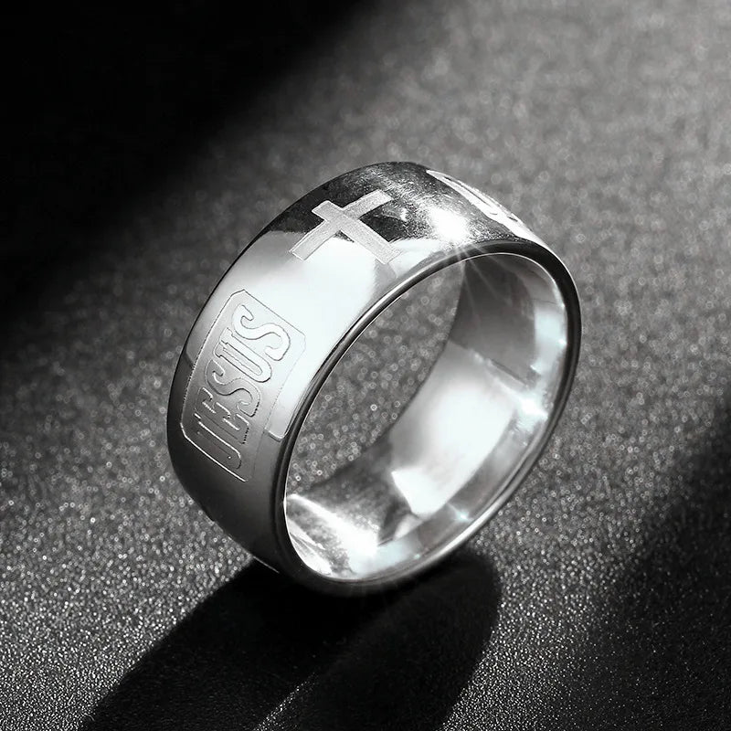Mango Sky Titanium Steel Christian Cross Bible Ring with 8mm unisex band, featuring a detailed cross design on a polished silver finish.