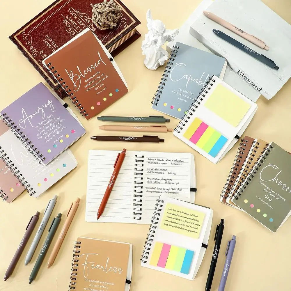 Set of 60 Christian prayer journals with matching Bible pens by Showlu Fashion, featuring spiritual designs and inspiring covers.