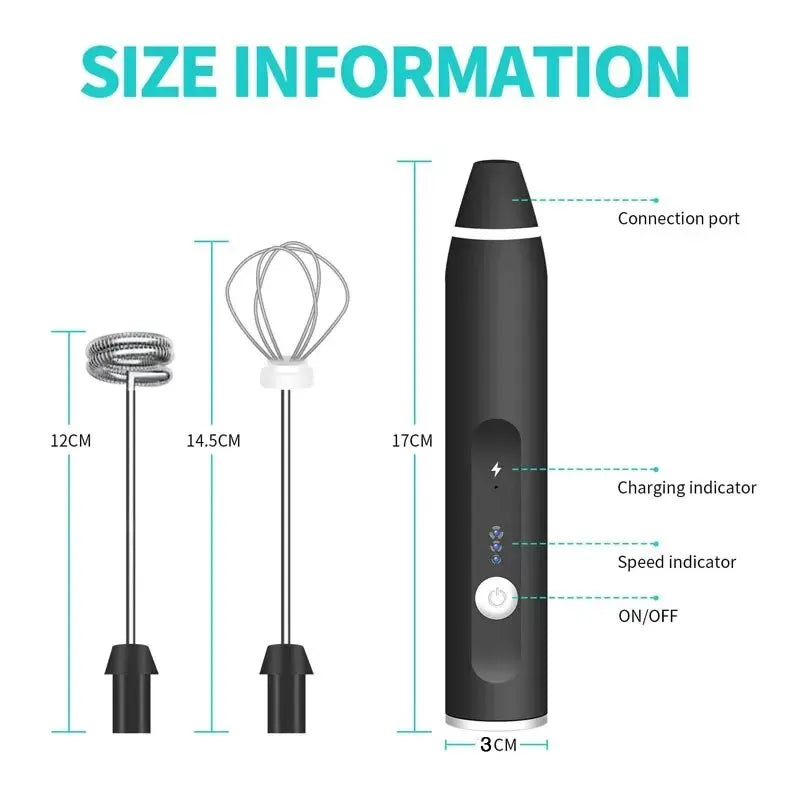 Showlu Smart General mini coffee frother, compact handheld device with stainless steel whisk for frothing milk or coffee.