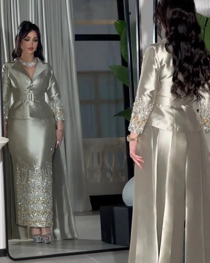 Silver grey sheath prom dress with beaded V-neck design by SHOWLU FASHION STORE, elegant evening gown for formal occasions.