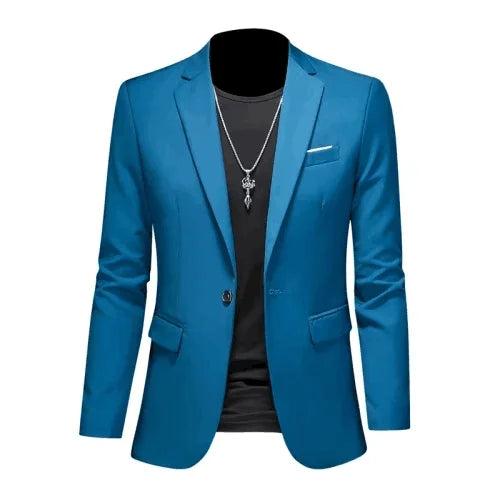 Men's slim fit single-breasted business blazer by SHOWLU FASHION, in size M-6XL, shown in dark fabric with notch lapel and tailored fit.