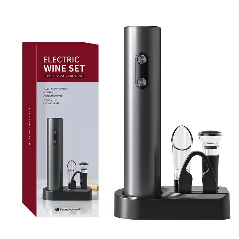 Showlu Smart General electric wine bottle opener set with sleek black design and included corkscrew, foil cutter, and charging base.