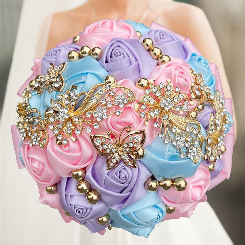 Navy silk rose wedding bouquet with artificial bridal flowers, 20cm size, featuring realistic silk roses and greenery.