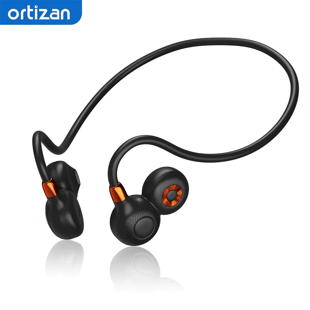 Ortizan i10 open ear wireless Bluetooth 5.3 sport earbuds with IPX6 water resistance, shown in black with ergonomic design