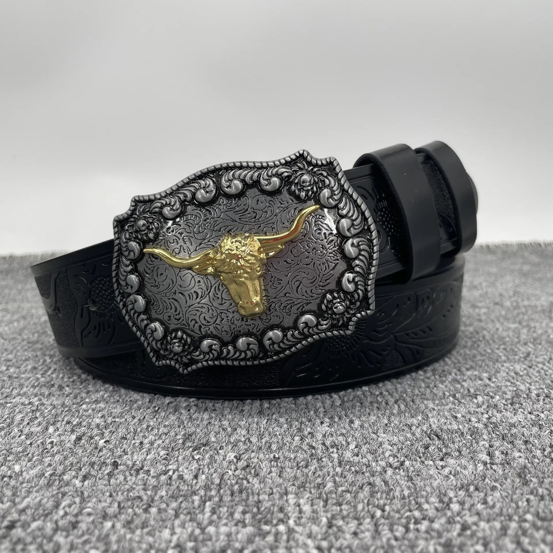 Western cowboy PU leather belt with vintage printed buckle for jeans, Showlu Fashion Store.