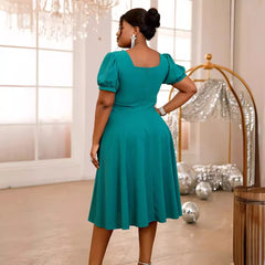 2024 New fashion comfortable puffed sleeve lake-green dress Commuter party bow high-waisted dress