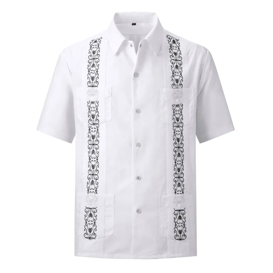 Men's white Guayabera shirt with embroidered Cuban style, showing detailed front design and traditional fit by Showlu Fashion.