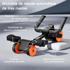 Un rodillo de entrenamiento abdominal con tres ruedas, coderas acolchadas y temporizador digital.