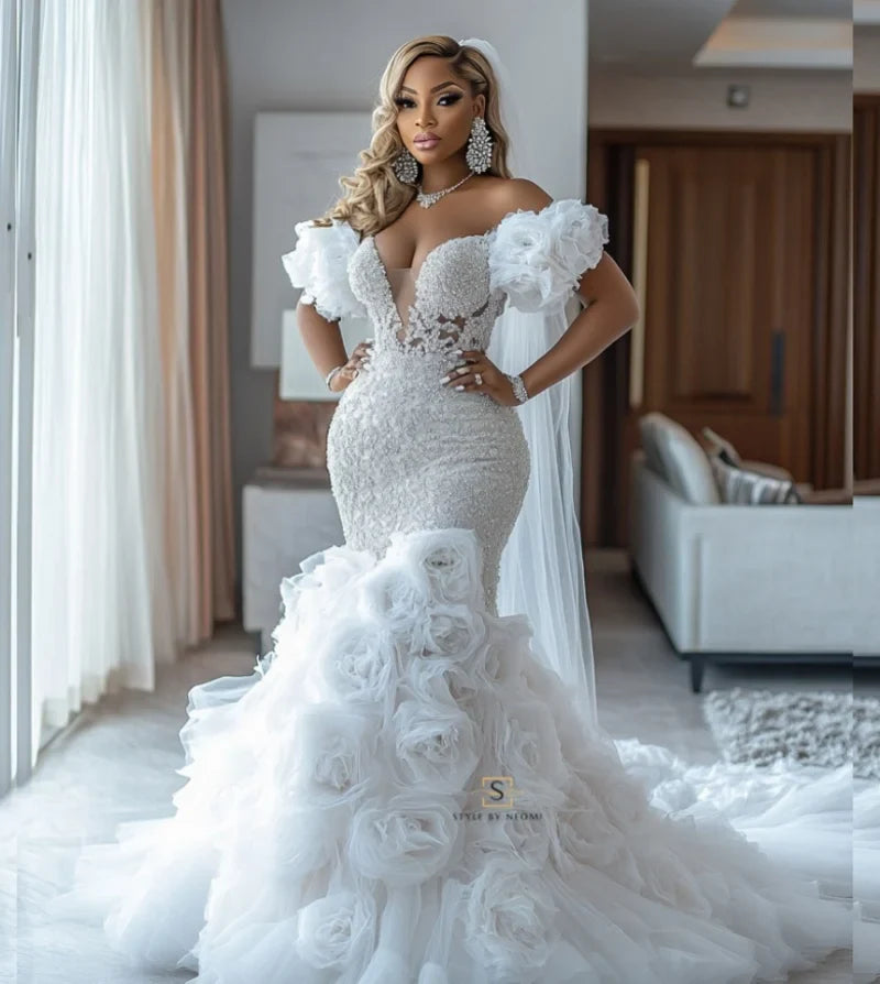 Elegant Ellie Moda Mermaid wedding dress with off-shoulder design, crystal flowers, and tulle fabric, showcased in this SHOWLU FASHION STORE image.