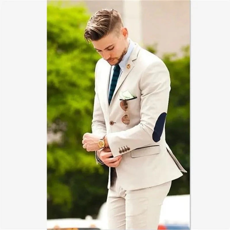 Beige Italian men's 2-piece slim fit tuxedo suit with groom styling, featuring tailored lapels and modern fit from SHOWLU FASHION STORE.