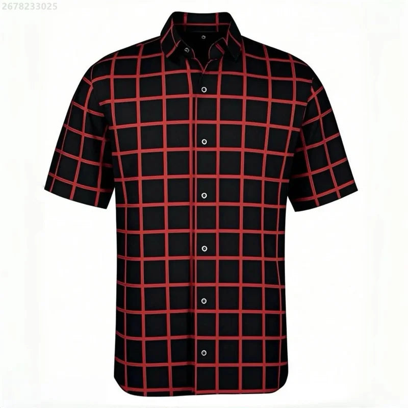 Men's short-sleeved Hawaiian plaid shirt in red and blue, breathable casual style with lapel, suitable for vacation or street wear.
