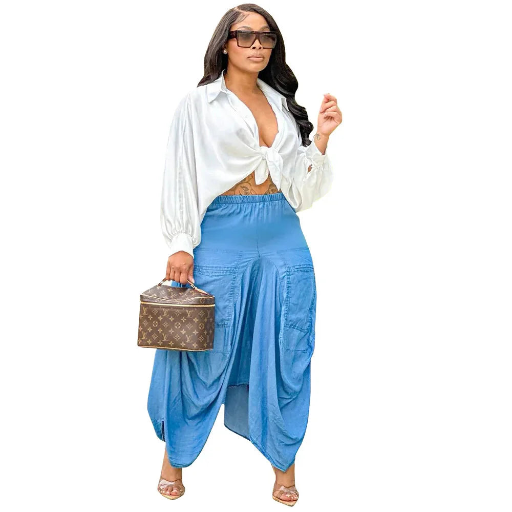 Skirts Women Loose Casual Solid Irregular Long Skirt Regular Splice Elastic Waist Office Ladies Pockets Elegant Simple 2024 SHOWLU FASHION STORE