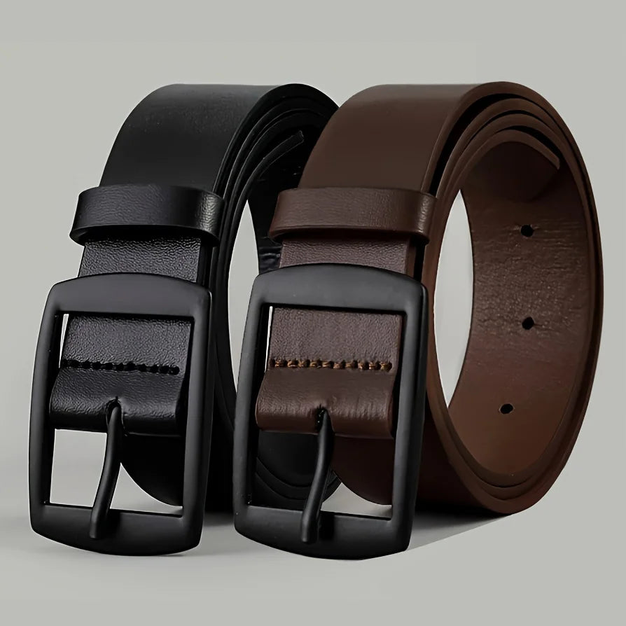 Luxury men's PU leather belt with metal pin buckle, designer waist strap for jeans, shown in black with high-quality finish.