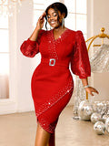 AOMEI red v-neck evening dress with beaded mesh fabric and lantern sleeves, elegant formal gown for special occasions.