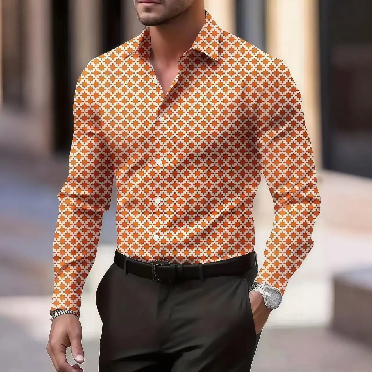 Men's stylish casual long sleeve shirt with gradient design, breathable fabric, turn-down collar, ideal for business or casual wear.