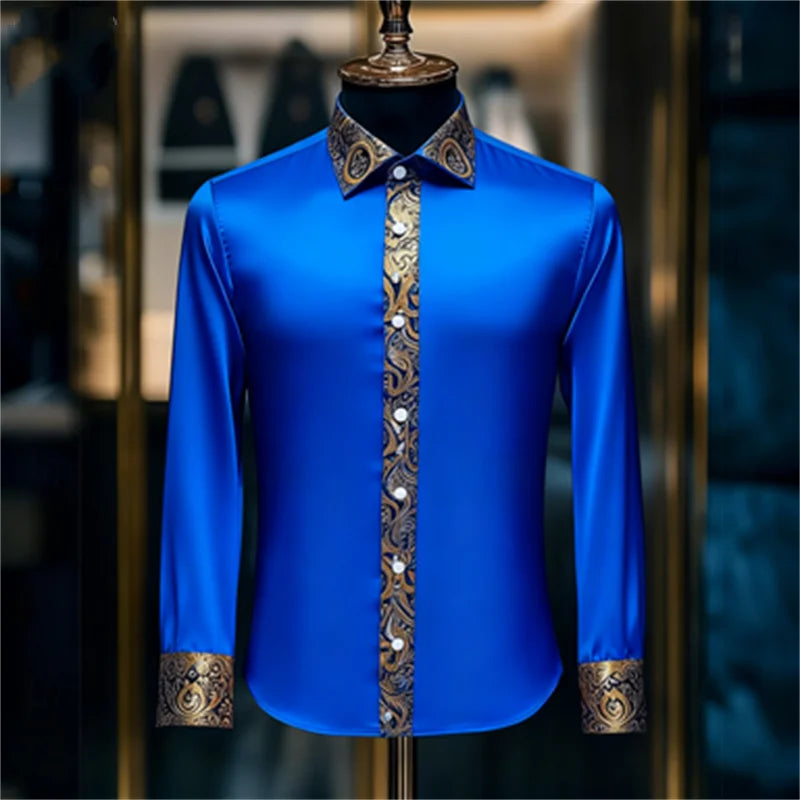 Men's luxury long sleeve silk shirt in white and brown with paisley pattern, slim fit, casual lapel from Showlu Fashion Store.