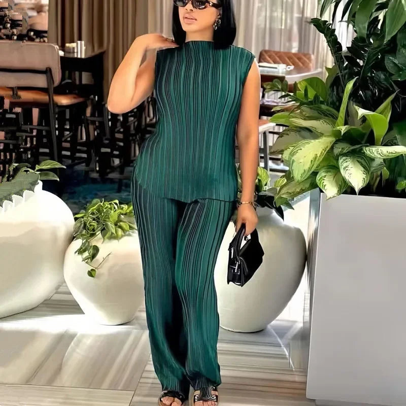 2 Piece Sets Women Outfit Elegant Pleated Sleevelss Slim Top and Wide Leg Pants Set Chic Womens Clothing
