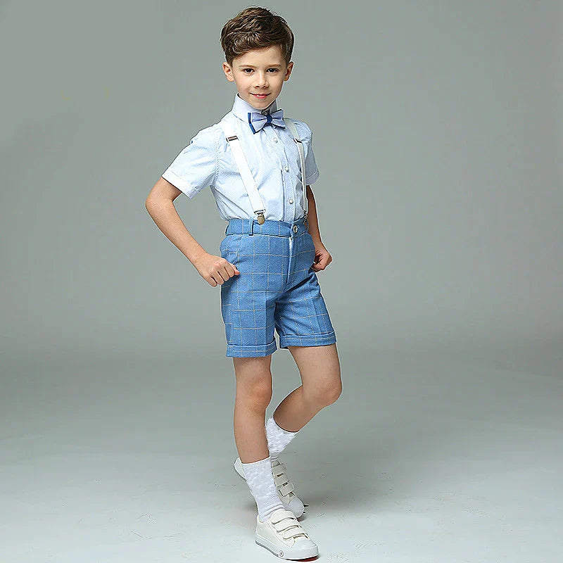 PsyMonster Boys 4-piece formal suit set with striped vest, shirt, and pants, featuring a stylish and coordinated design.