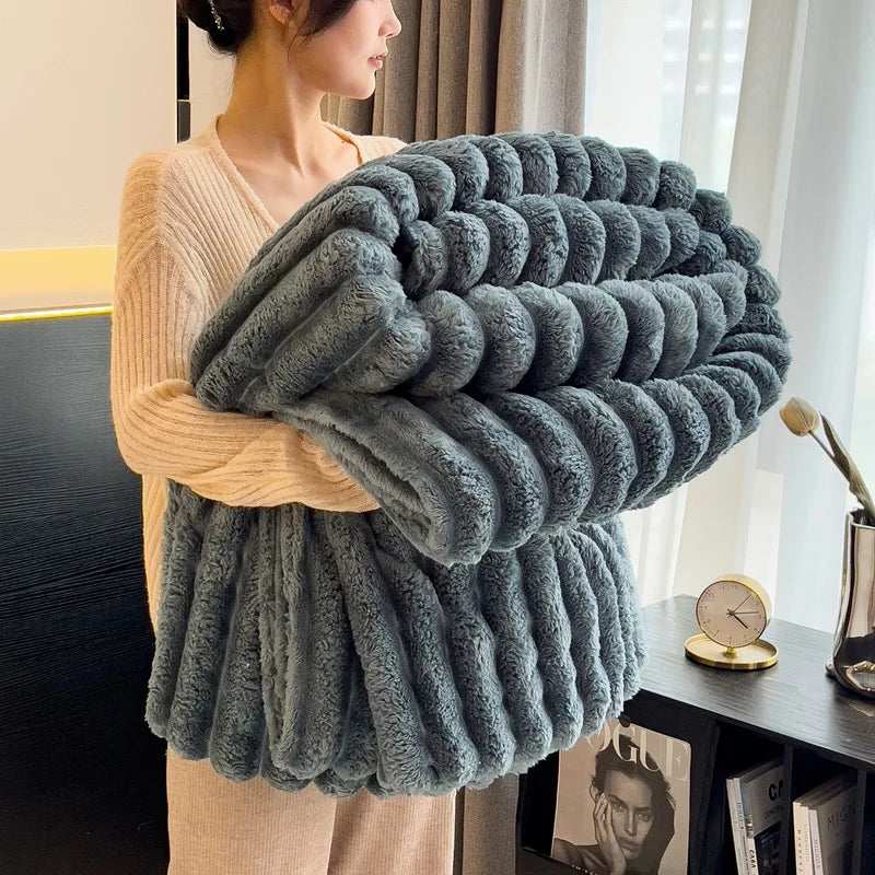 Soft pink MINISO thickened flannel rabbit plush blanket with solid color, ideal for cozy beds and warm comfort.