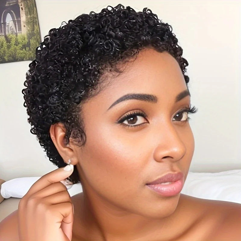 Short afro curly human hair wig with 150% density, black Remy hair, 4-inch pixie cut, machine-made, from Showlu Fashion Store.