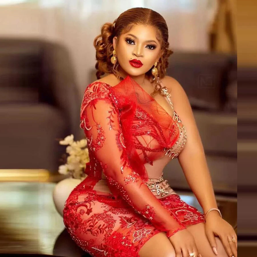 Red one-shoulder prom dress by Showlu Fashion with sweetheart neckline, beads, crystals, knee length, suitable for party or birthday.
