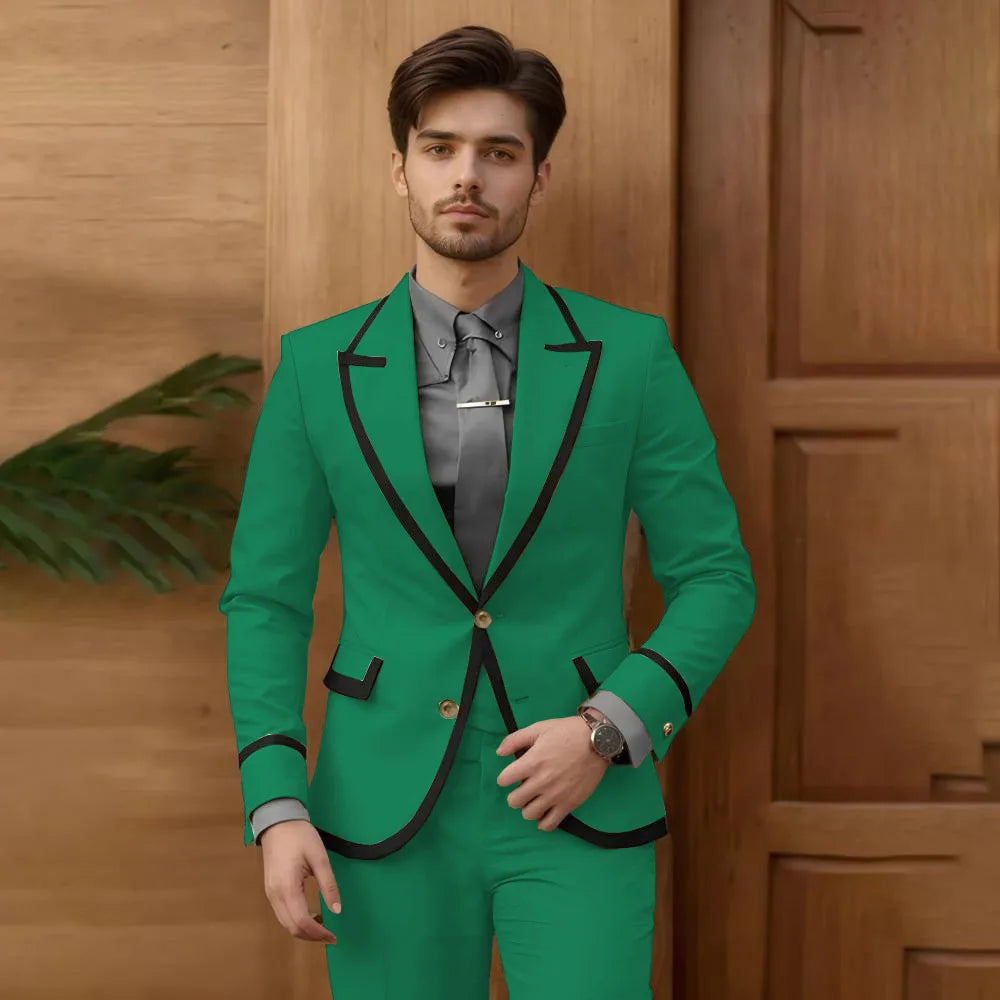Beige male fashion suit 2-piece set with single-breasted blazer and slim-fit pants, suitable for groomsmen, prom, and wedding tuxedos