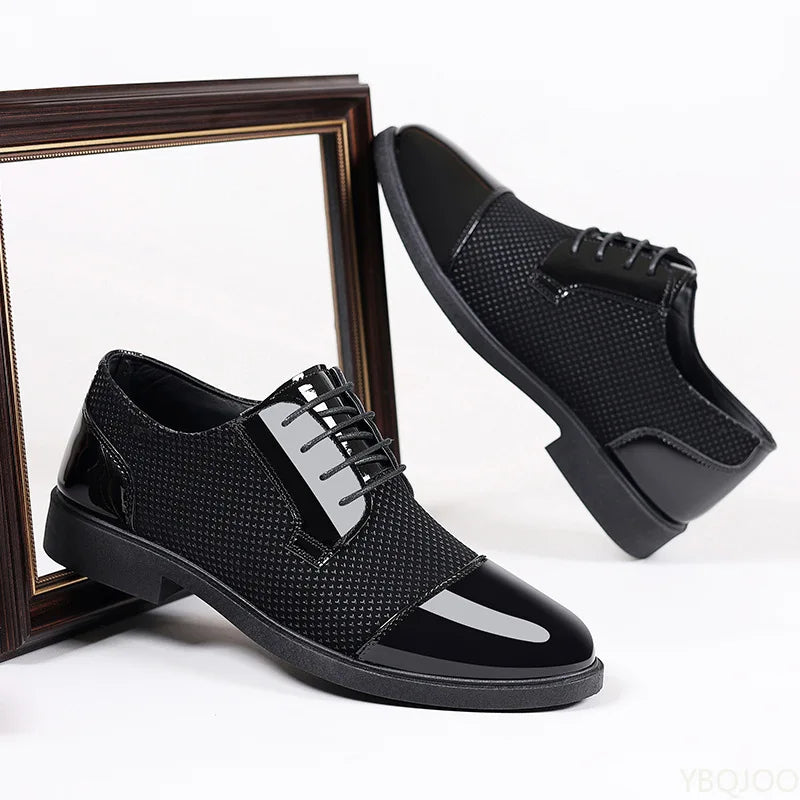 Black men's height increasing shoes with pointed toe, breathable material, formal style by Showlu Fashion Store