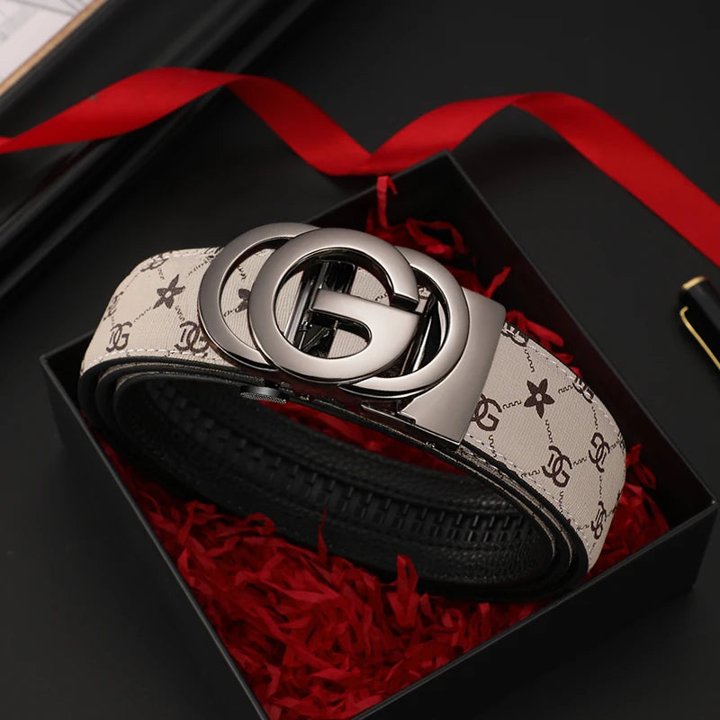 Genuine leather men's belt with metal alloy automatic buckle, luxury design, stylish waist strap for men.