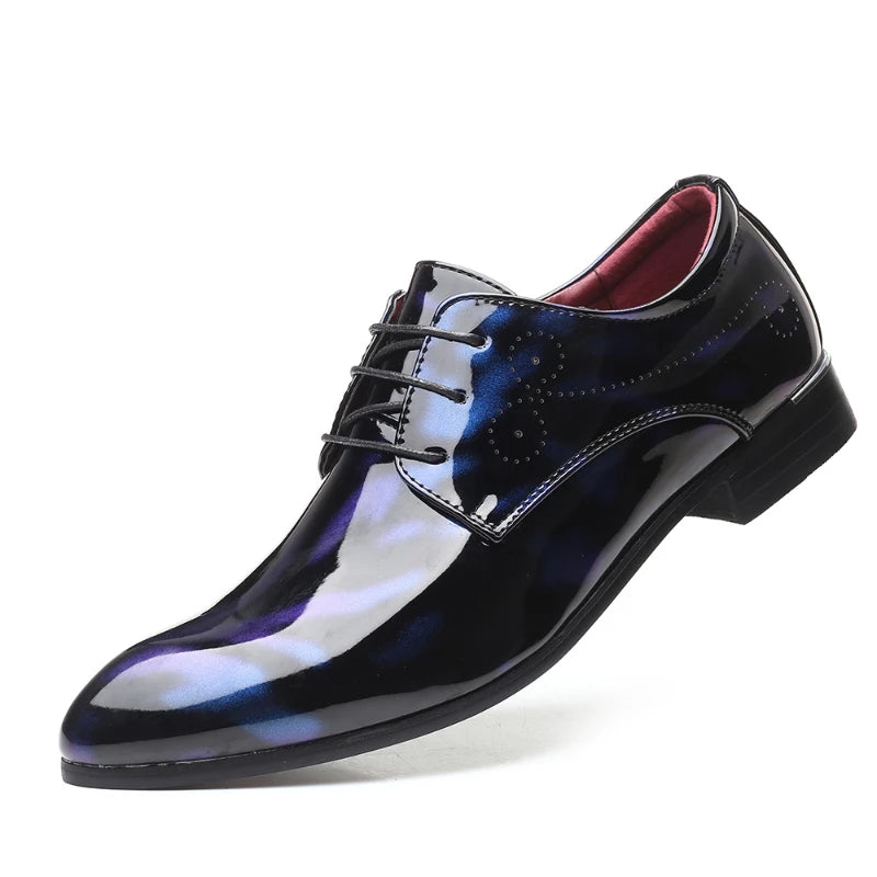 Wine red patent leather men's formal Oxford shoes with pointed toes and lace-up design, perfect for weddings and special occasions.
