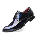 Wine red patent leather men's formal Oxford shoes with pointed toes and lace-up design, perfect for weddings and special occasions.