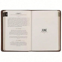 An open brown devotional book for men showing a page titled Legacy and a June divider page.