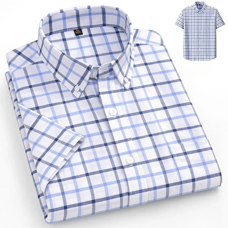 New in Shirt Plus Size 14XL Fashion Summer 100%Cotton Oxford Plaid Short Sleeve Shirt for Man Designer Office Elegant Clothes