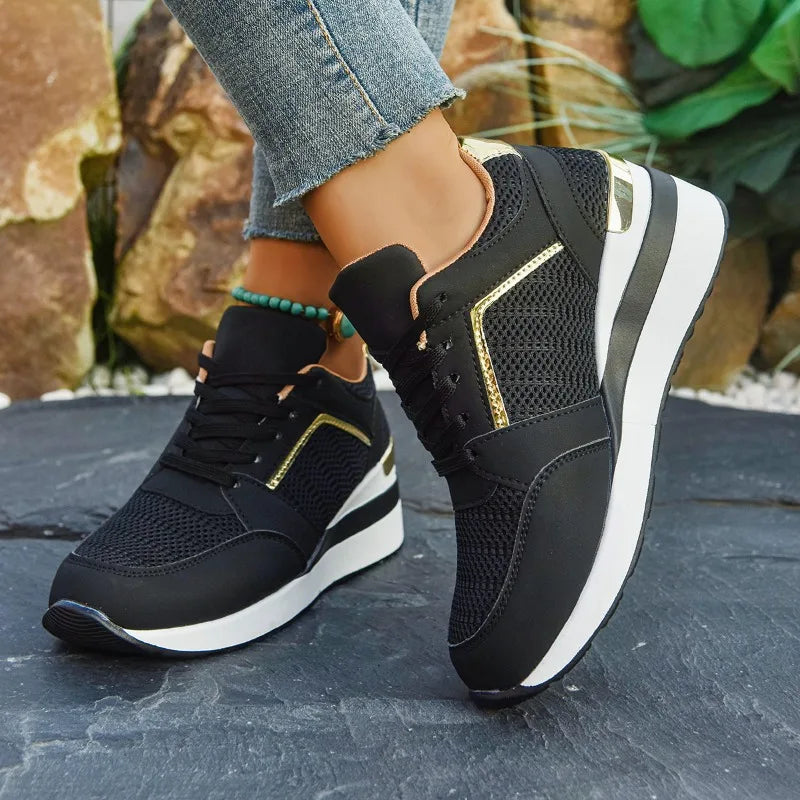 Women's luxury rhinestone casual sneakers with thick non-slip soles, lace-up design, suitable for fashion and running.