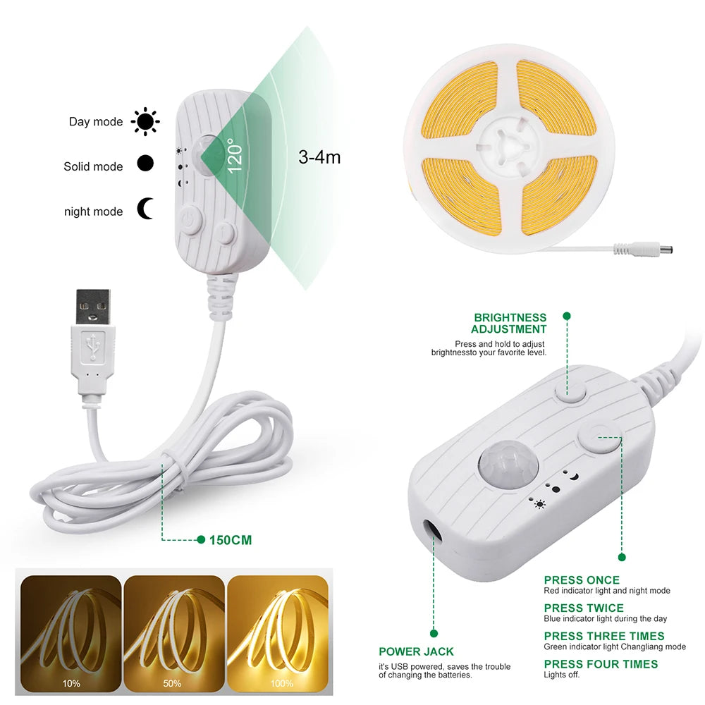Showlu Smart general motion sensor LED strip light connected to USB, featuring a sleek design and flexible lighting setup.