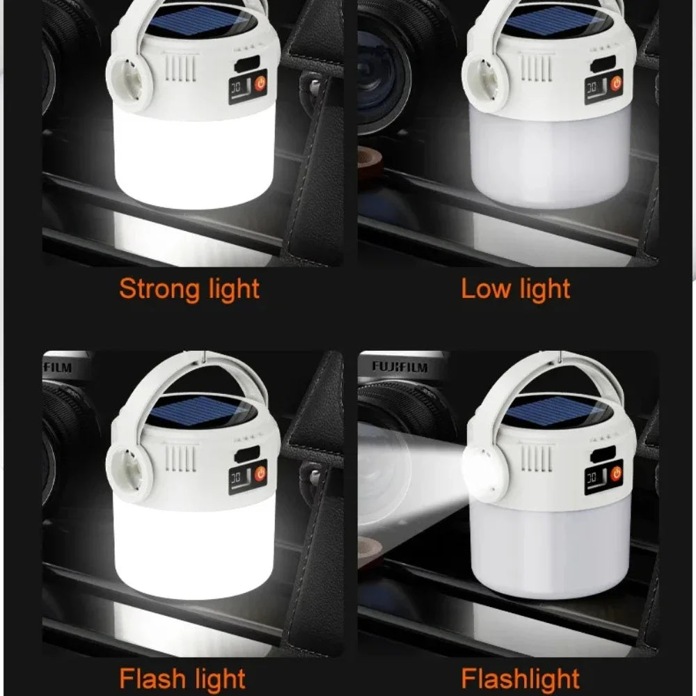 Showlu Smart General portable LED camping lantern with solar rechargeable power and multiple lighting modes, ideal for outdoor use.