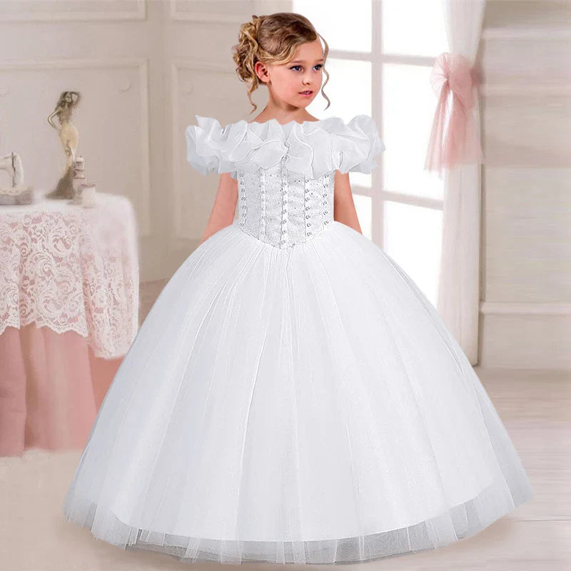 LJW Girls Pearl Sequin Princess Dress by SHOWLU FASHION STORE, off-shoulder evening ball gown with sparkling sequins and elegant design.