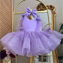 Girls Cute Beading Bow Design Birthday Princess Ball Gown Children Fashion Wedding Host Piano Performance Dress y1655