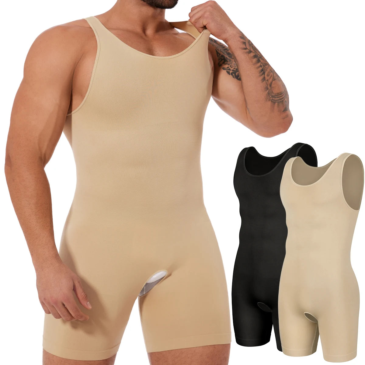 Miss Moly men's full body shaper compression slimming bodysuit, black shapewear with seamless design for slimming effect.