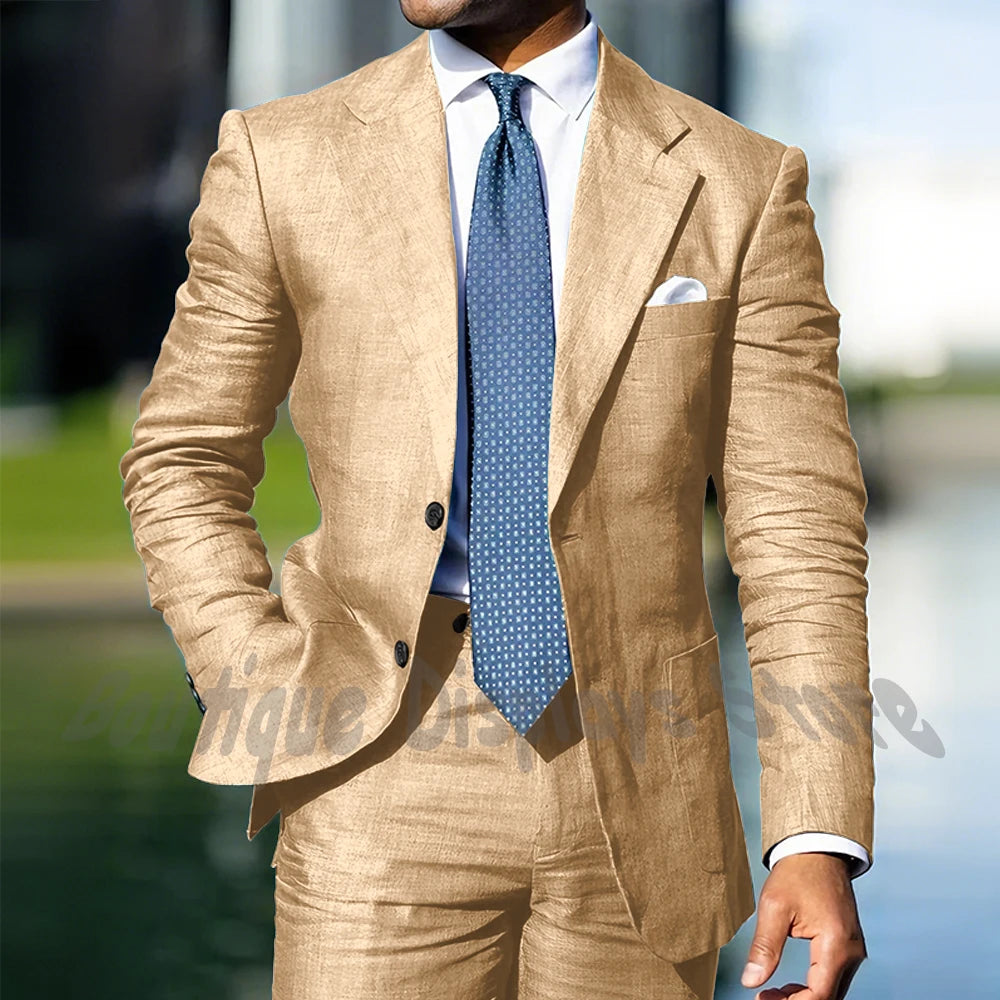 Blue Linen Single Breasted Men Suit Two Pieces(Jacket+Pants) Outfits Casual Party Prom Wedding Set