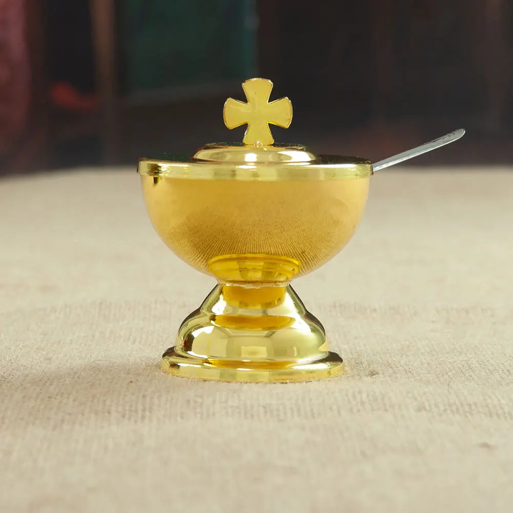Showlu Golden Zinc Alloy Communion Cup with Spoon for church mass, featuring a shiny finish and traditional design.