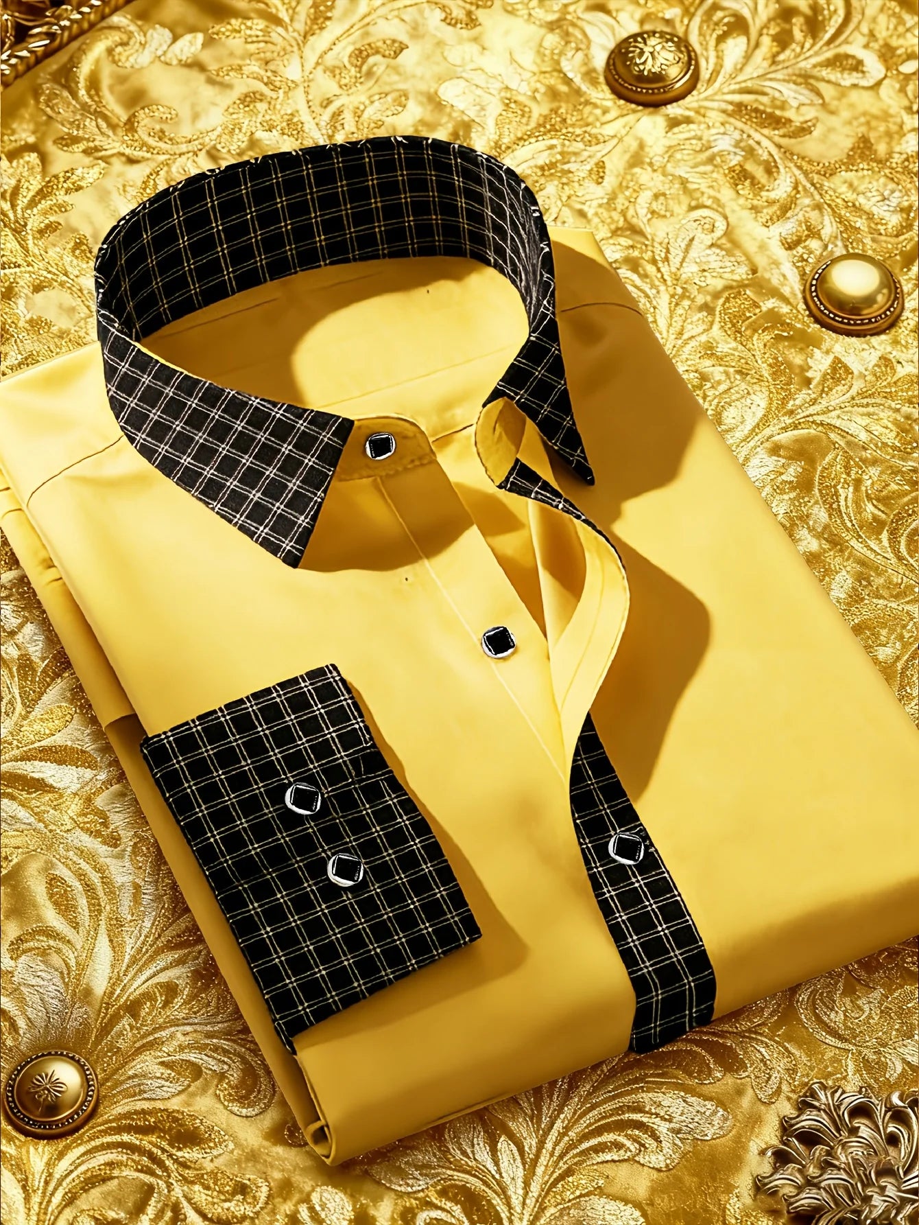 Men's Showlu Smart General patchwork tuxedo shirt with long sleeves, elastic cuffs, suitable for smart casual or business wear.