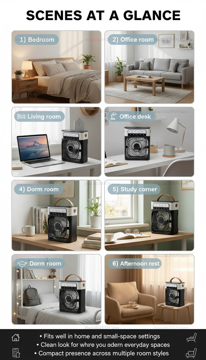 Showlu Smart General portable USB air cooler fan with 3-speed settings, mini water mist humidifier, and LED desktop cooling display.