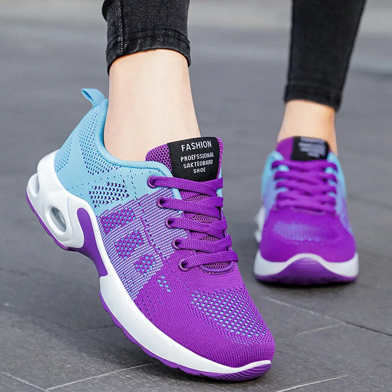 Women casual mesh fabric sneakers with air-cushion soles, elastic laces, lightweight breathable design, soft sole, antislip for jogging.