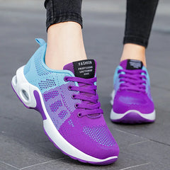 Women Casual Mesh Fabric Shoes Air-cushion Elastic Lace Up Sneakers Flat Breathable Lightweight Soft-Soled Antislip Jogging Shoe
