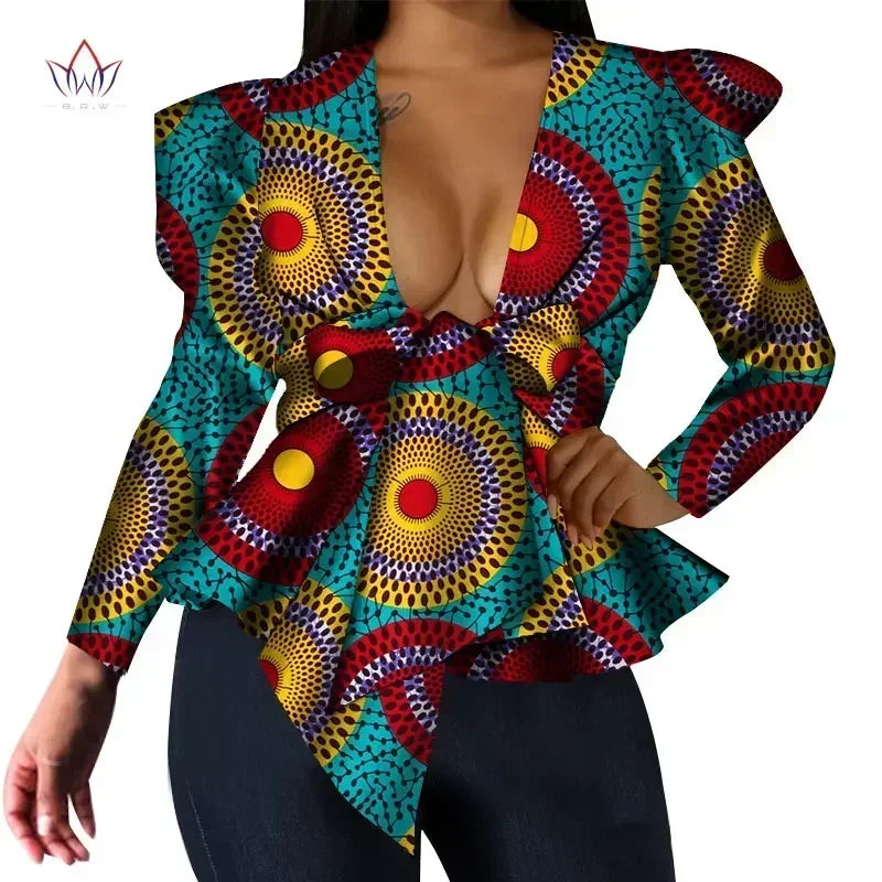 BintaRealWax women's dashiki African print V-neck long sleeve cotton top with vibrant patterns and traditional style.