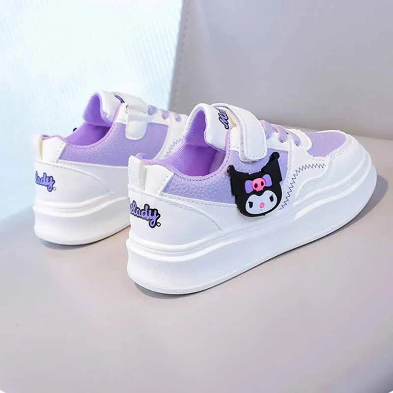 Sanrio Kuromi Melody kids casual sneakers with anti-slip soft soles, featuring colorful character design and comfortable fit for children.