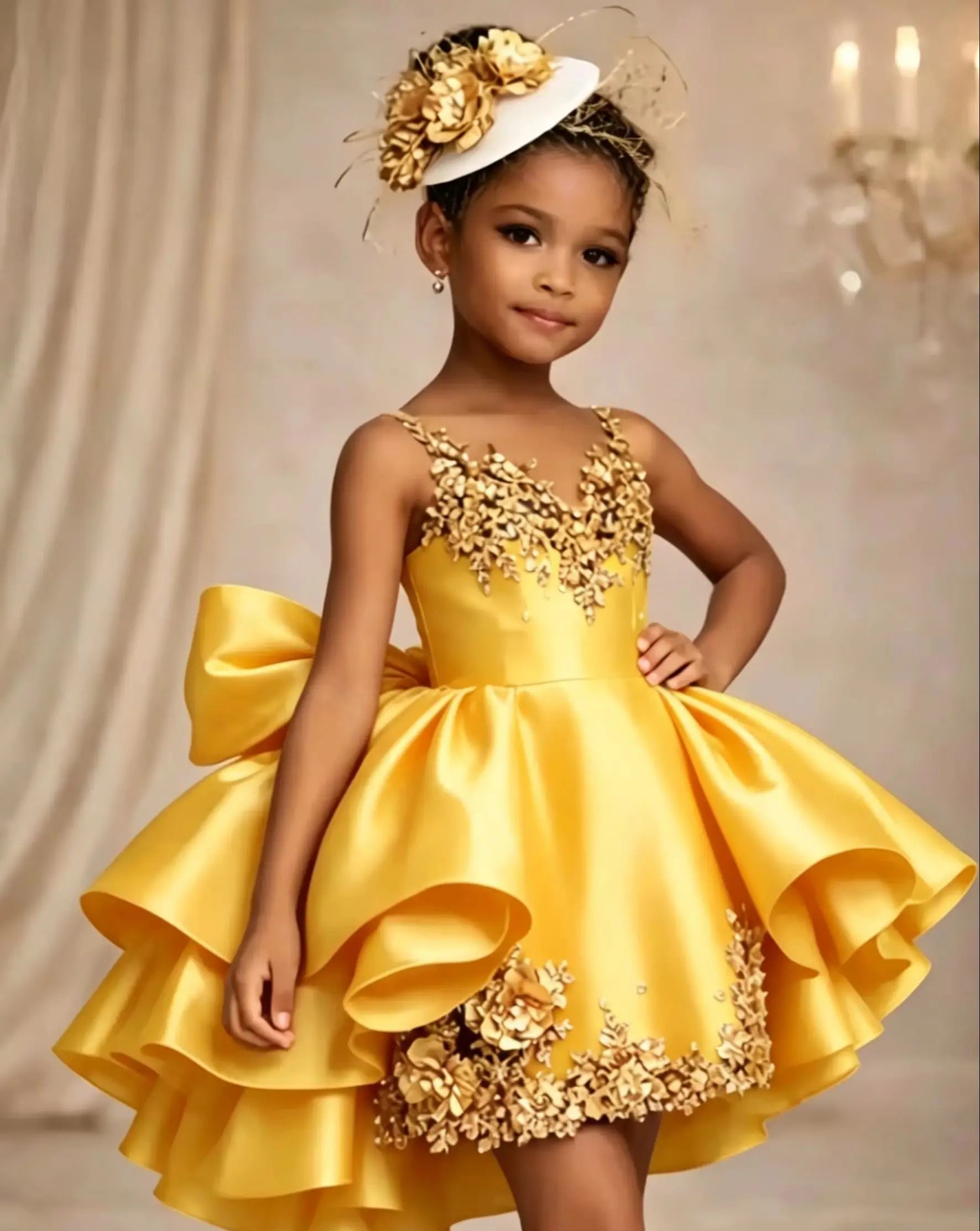 Customized Flower Girl Dresses for Wedding Satin Sleeveless with Bow Lace Applique Knee Lenght Kids First Communion Gowns