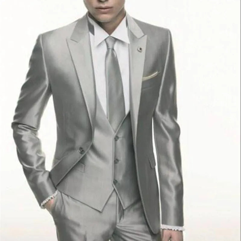 Showlu Silver Grey Satin Men's 3-Piece Slim Fit Formal Wedding Tuxedo, styled with a jacket, vest, and trousers.