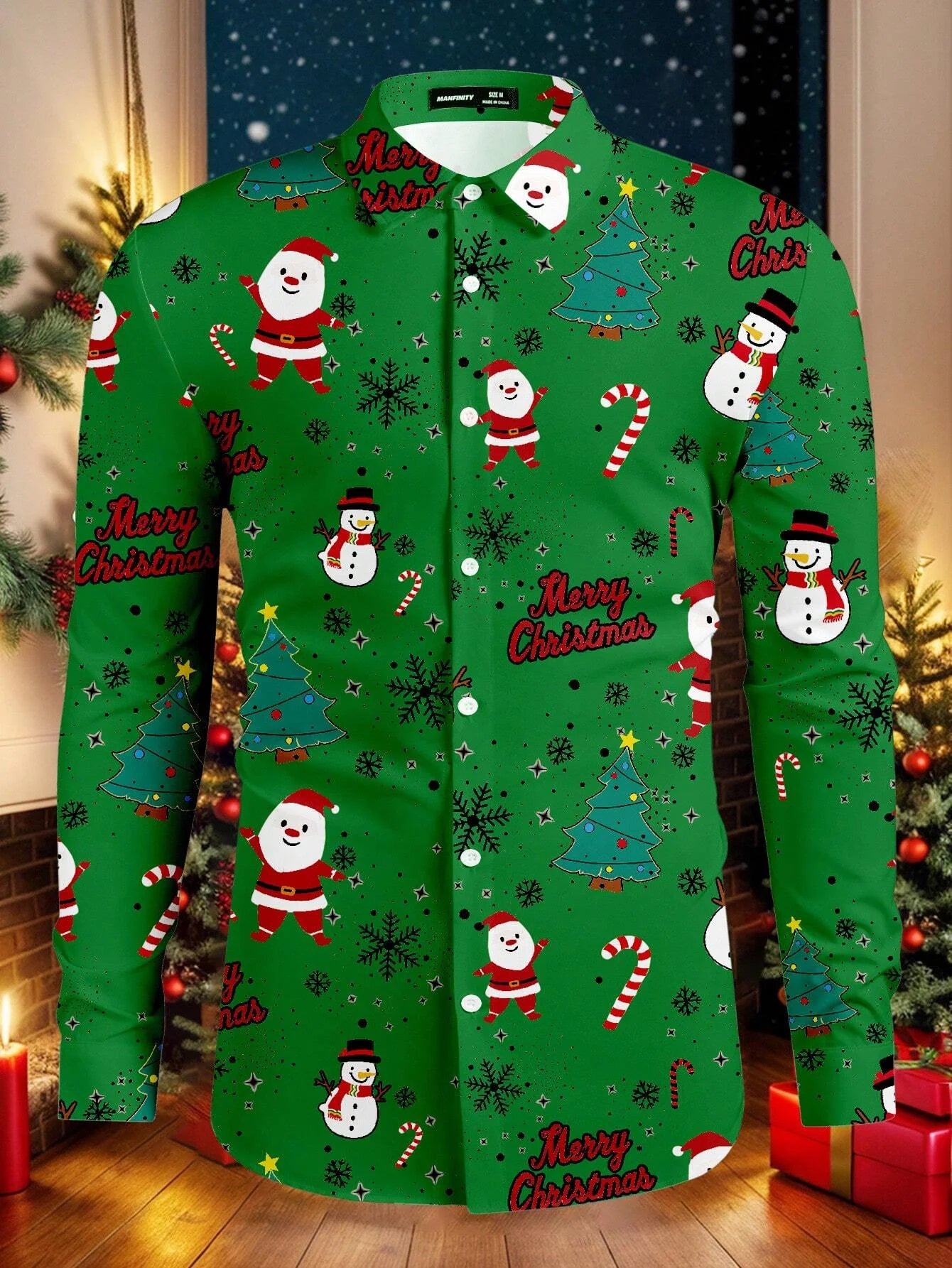 Men's Christmas festival themed 3D printed long sleeve shirt with Santa Claus and Christmas tree graphics, stylish formal shirt from Showlu Fashion